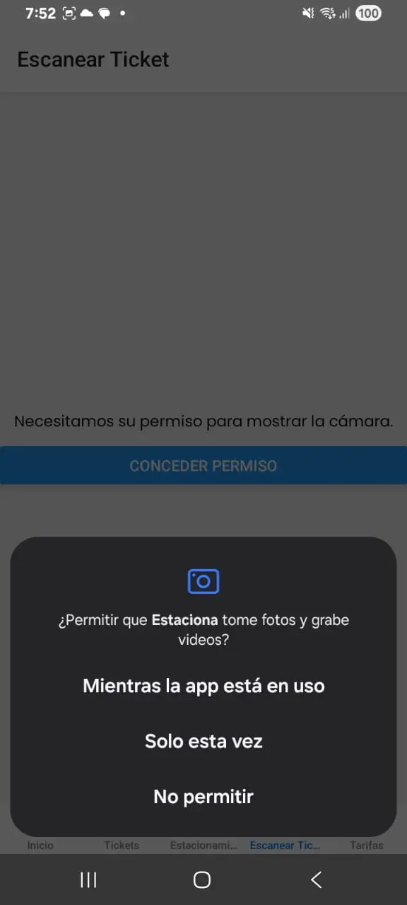 Permisos otorgados para usar la cámara (escaneo de tickets/boletos QR)